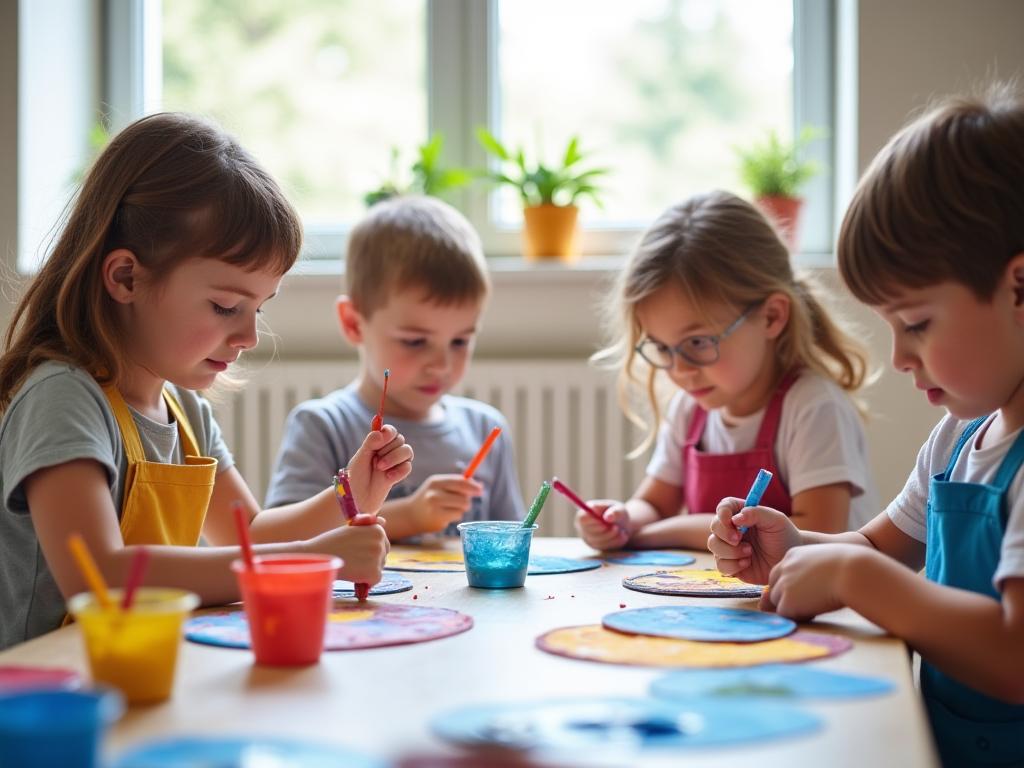 Enfants créant dans un atelier artistique